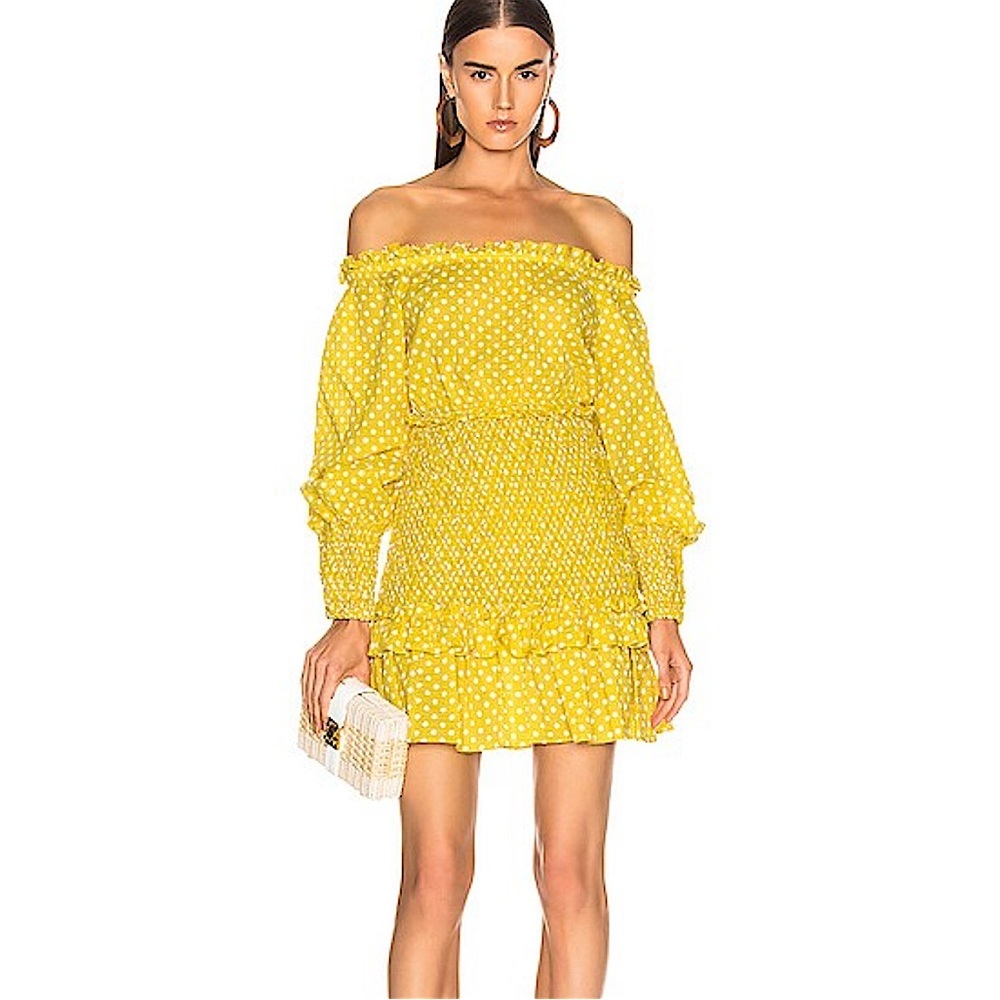 Alexis Marilena Off the Shoulder Mini Dress in Yellow Dot. Size Medium.